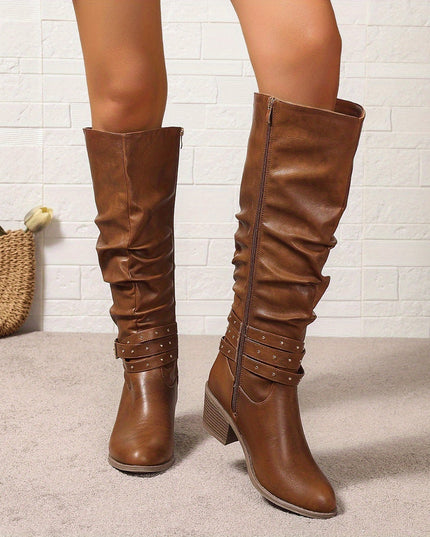 Aveline | Women's Knee High Slouch Boots with Buckle - Black - Image 7