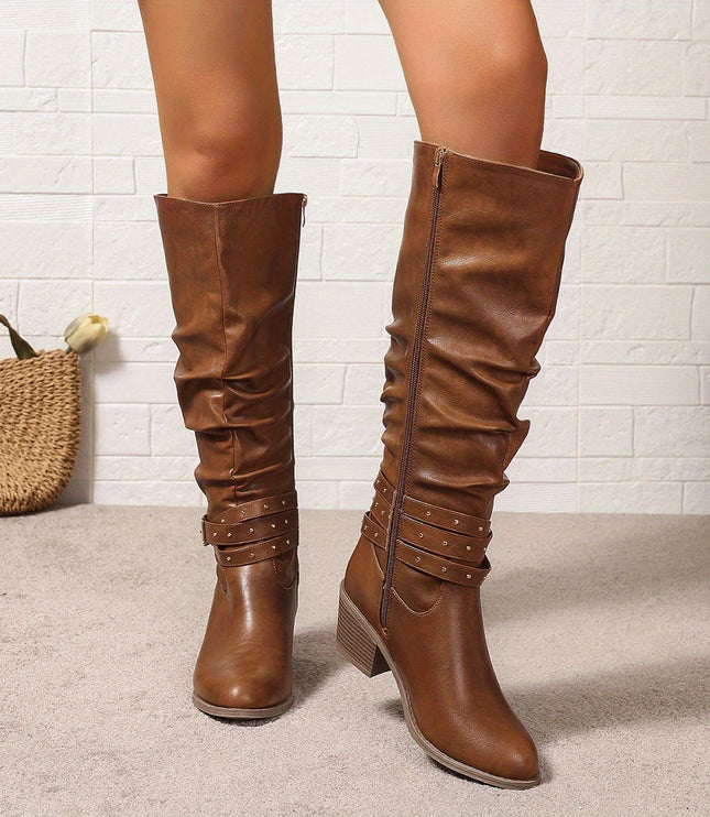 Aveline | Women's Knee High Slouch Boots with Buckle - Black - Image 7