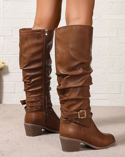 Aveline | Women's Knee High Slouch Boots with Buckle - Black - Image 8