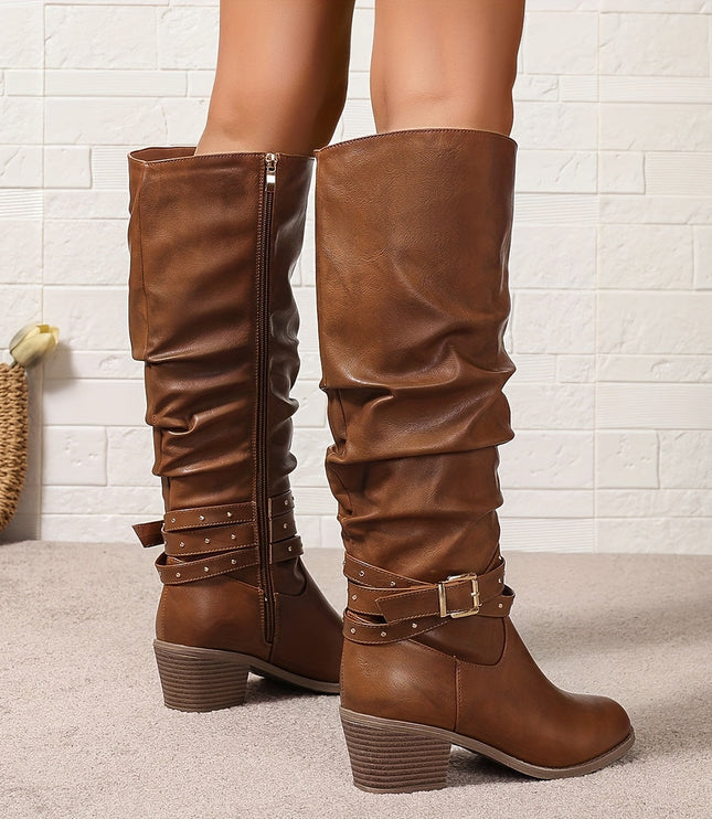 Aveline | Women's Knee High Slouch Boots with Buckle - Black - Image 8