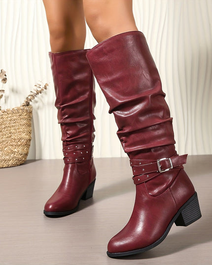 Aveline | Women's Knee High Slouch Boots with Buckle - Black - Image 9