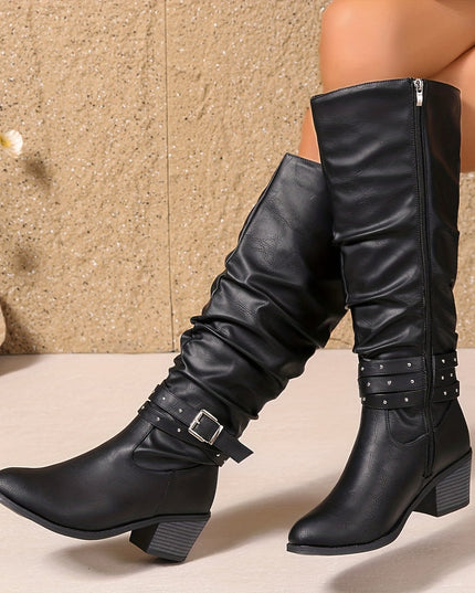 Aveline | Women's Knee High Slouch Boots with Buckle - Black - Image 1