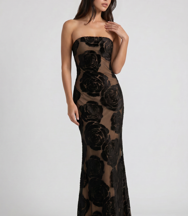 Vestido maxi de cóctel sin mangas de satén negro con fruncidos para mujer