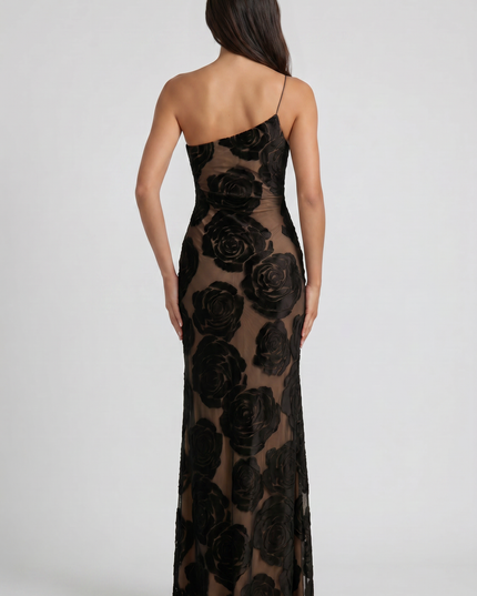 Vestido maxi de cóctel sin mangas de satén negro con fruncidos para mujer