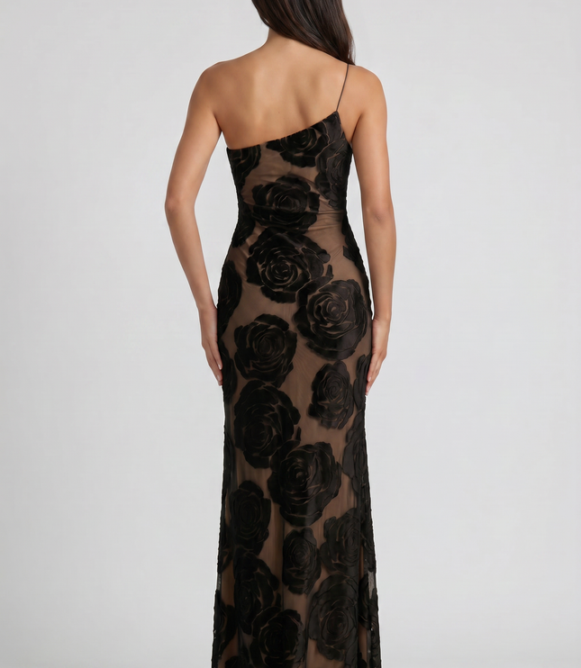 Vestido maxi de cóctel sin mangas de satén negro con fruncidos para mujer