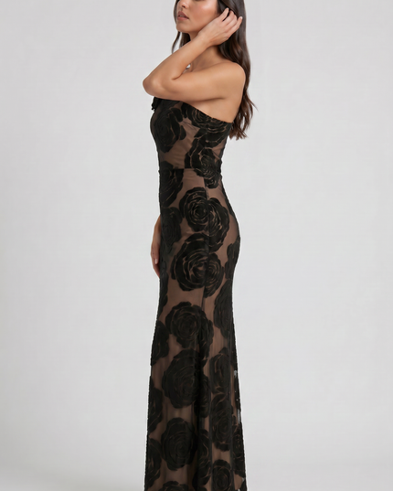 Vestido maxi de cóctel sin mangas de satén negro con fruncidos para mujer