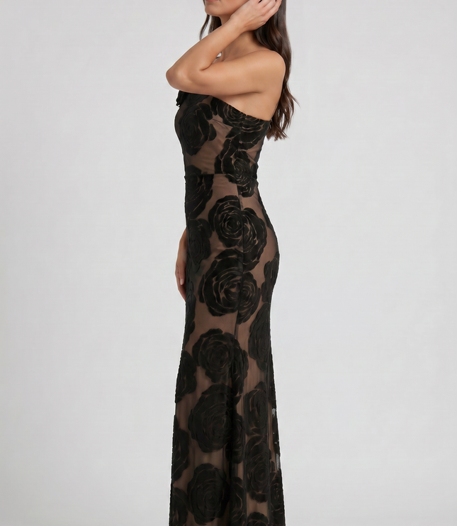 Vestido maxi de cóctel sin mangas de satén negro con fruncidos para mujer