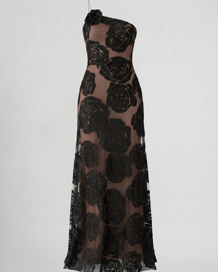 Vestido maxi de cóctel sin mangas de satén negro con fruncidos para mujer