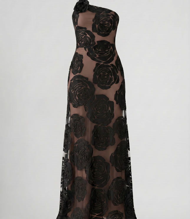 Vestido maxi de cóctel sin mangas de satén negro con fruncidos para mujer