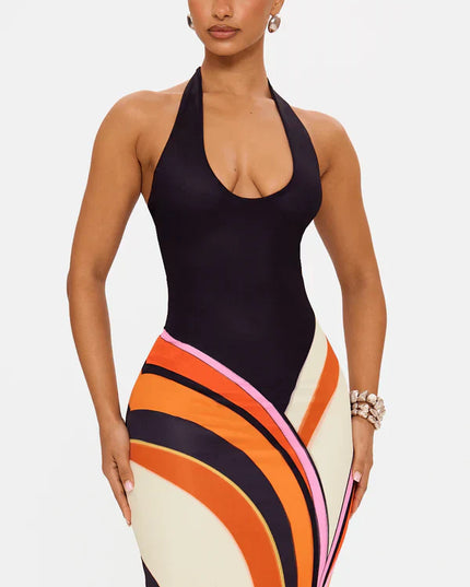 Vestido maxi de cóctel sin mangas de satén negro para mujer