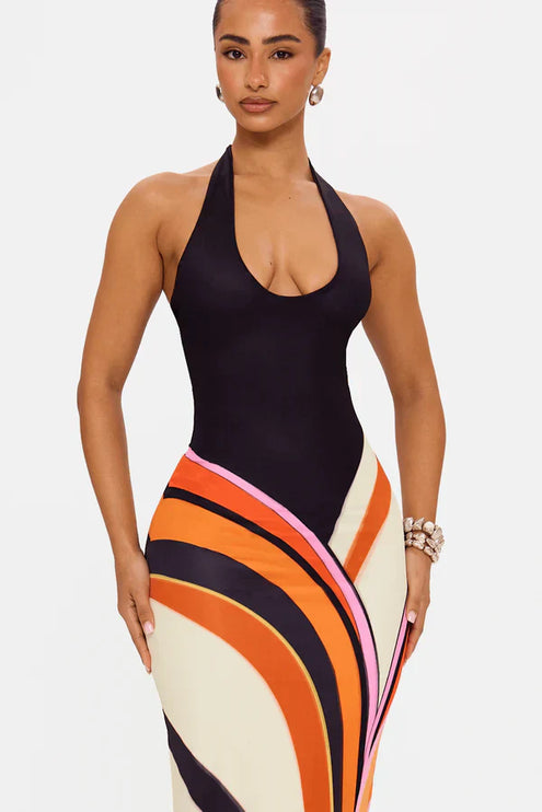 Vestido maxi de cóctel sin mangas de satén negro para mujer