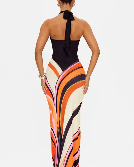 Vestido maxi de cóctel sin mangas de satén negro para mujer