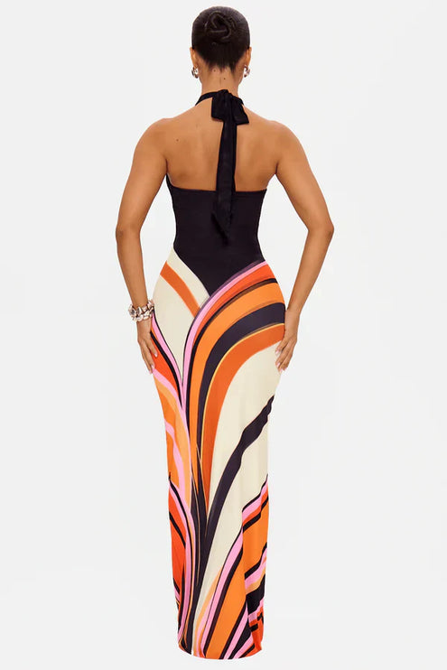 Vestido maxi de cóctel sin mangas de satén negro para mujer