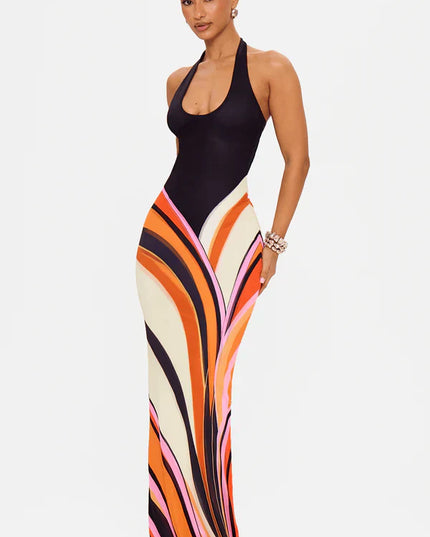 Vestido maxi de cóctel sin mangas de satén negro para mujer