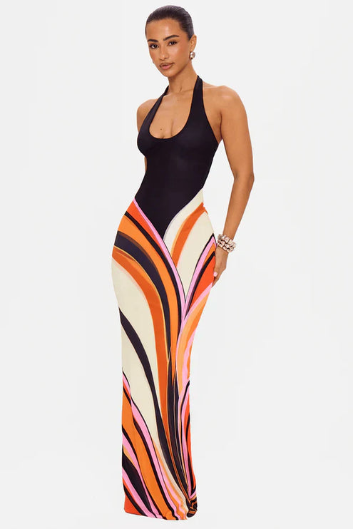 Vestido maxi de cóctel sin mangas de satén negro para mujer