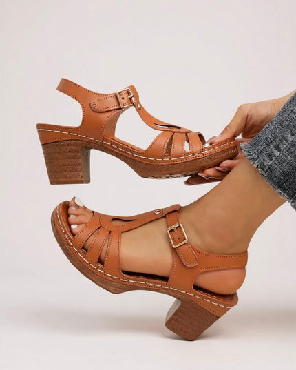 Tan brown strappy block heel sandals with ankle buckle and stitched platform