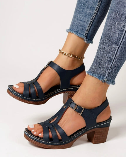 Cream beige strappy block heel sandals with cutout straps and ankle buckle closure