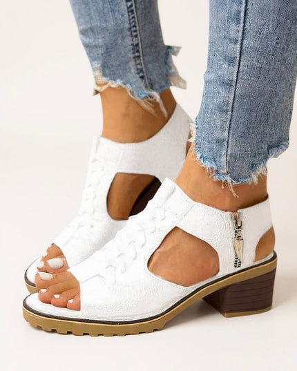 White block heel zip sandals with textured upper and chunky lug sole