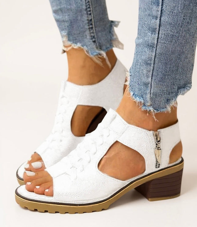 White block heel zip sandals with textured upper and chunky lug sole
