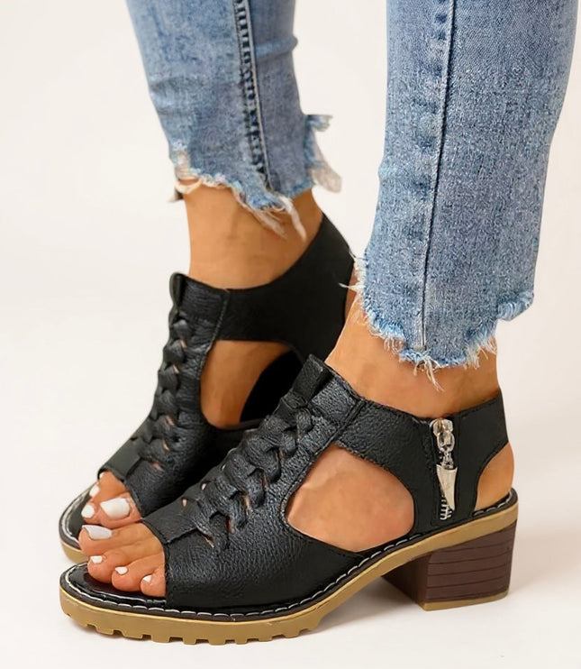 Black block heel zip sandals with braided front strap and platform sole