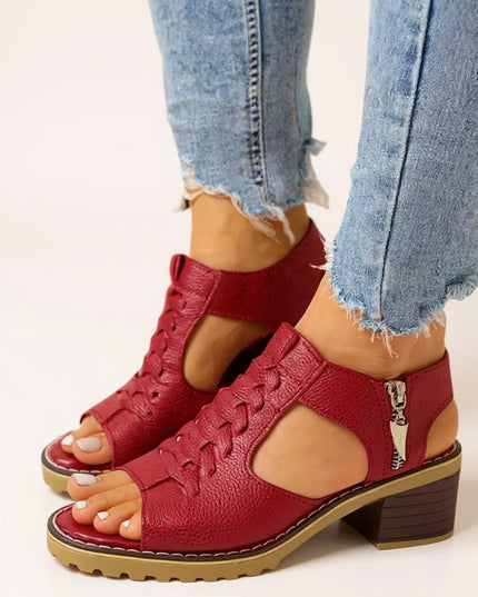 Burgundy block heel zip sandals with woven texture and chunky tread sole