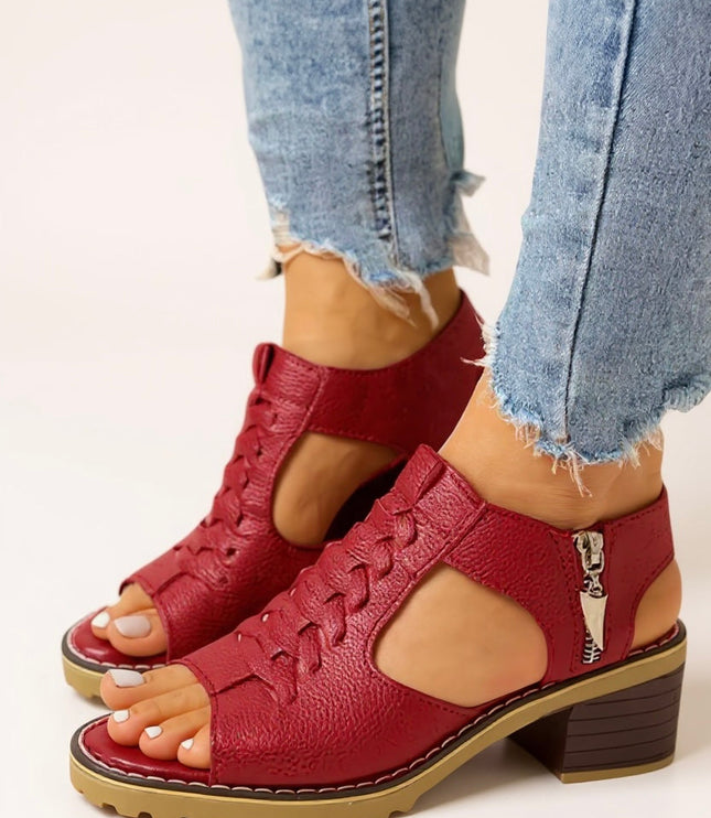 Burgundy block heel zip sandals with woven texture and chunky tread sole