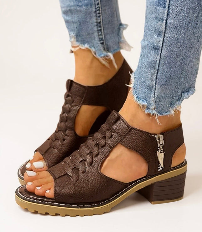 Brown block heel zip sandals with lug sole and lace-up front detail