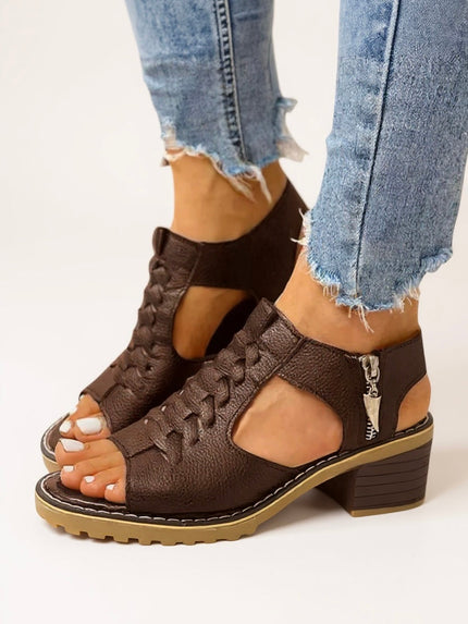 Brown block heel zip sandals with lug sole and lace-up front detail