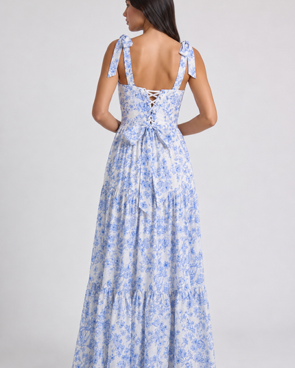 Vestido maxi floral azul con escote en V para invitada de boda mujer