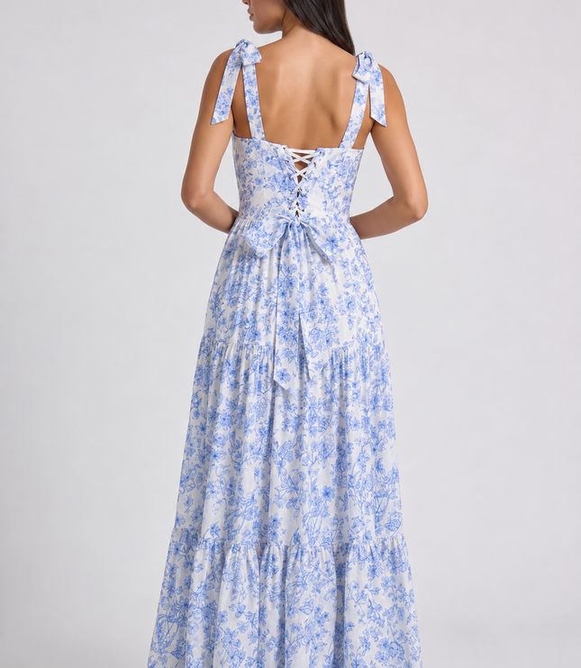 Vestido maxi floral azul con escote en V para invitada de boda mujer