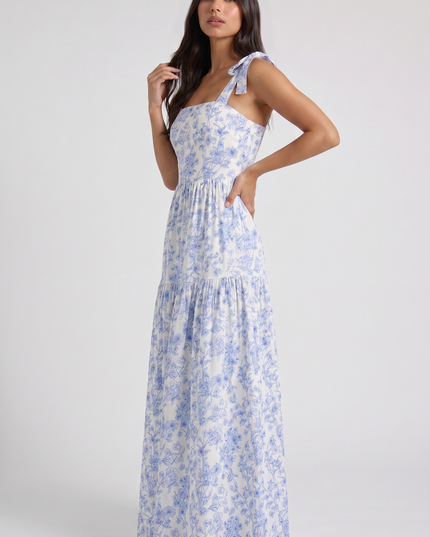 Vestido maxi floral azul con escote en V para invitada de boda mujer