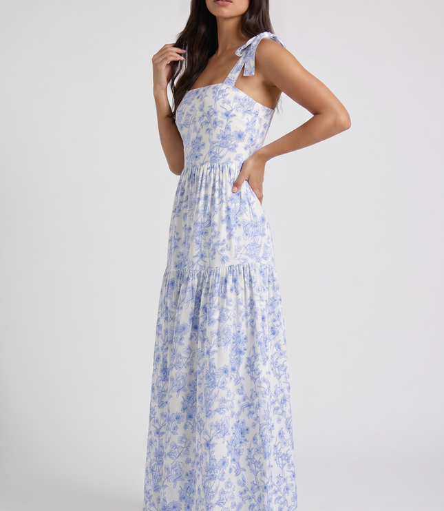 Vestido maxi floral azul con escote en V para invitada de boda mujer