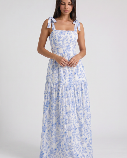 Vestido maxi floral azul con escote en V para invitada de boda mujer