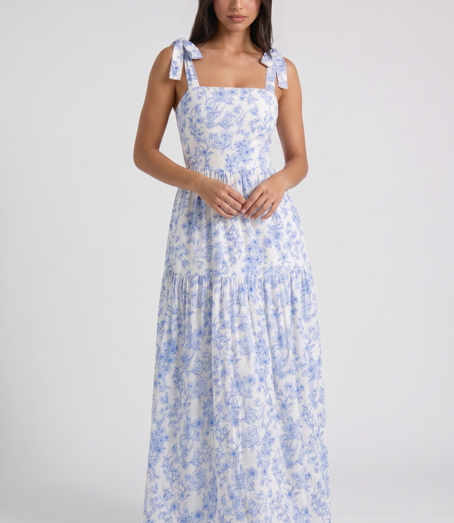 Vestido maxi floral azul con escote en V para invitada de boda mujer