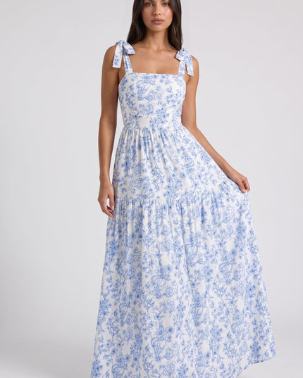 Vestido maxi floral azul con escote en V para invitada de boda mujer