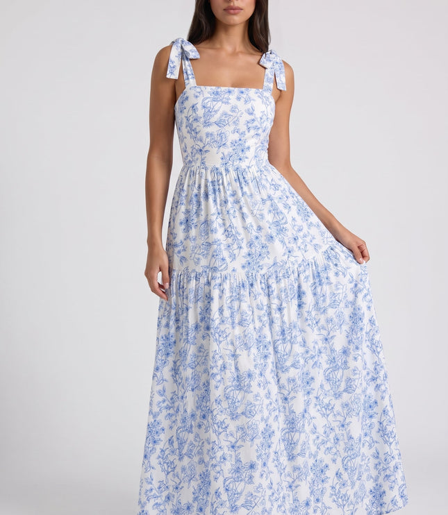 Vestido maxi floral azul con escote en V para invitada de boda mujer