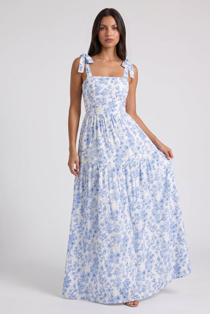 Vestido maxi floral azul con escote en V para invitada de boda mujer