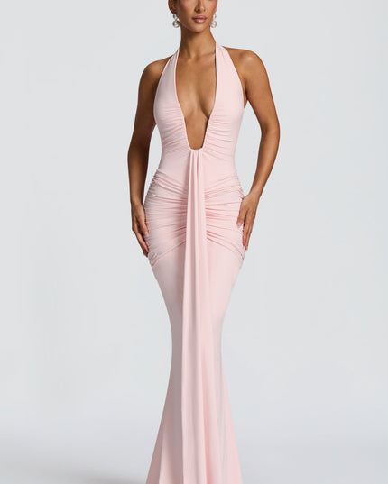 Vestido maxi sin mangas para mujer en tono rubor con escote pronunciado y fruncido