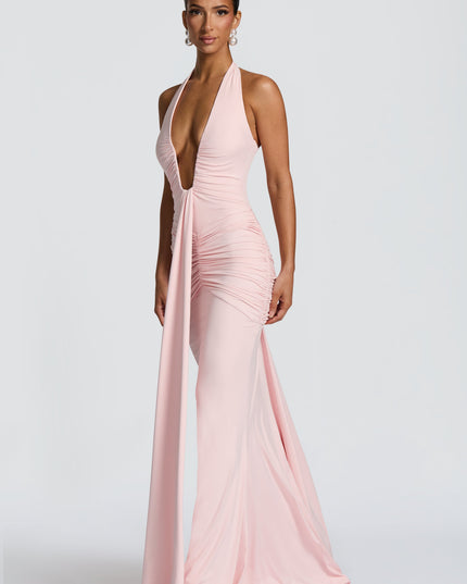 Vestido maxi sin mangas para mujer en tono rubor con escote pronunciado y fruncido
