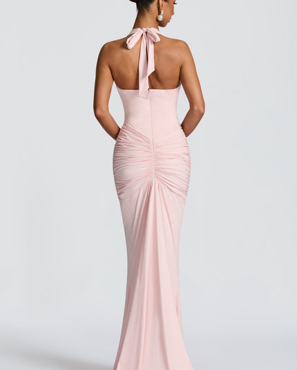 Vestido maxi sin mangas para mujer en tono rubor con escote pronunciado y fruncido