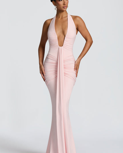 Vestido maxi sin mangas para mujer en tono rubor con escote pronunciado y fruncido