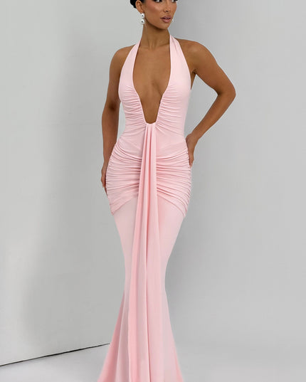 Vestido maxi sin mangas para mujer en tono rubor con escote pronunciado y fruncido