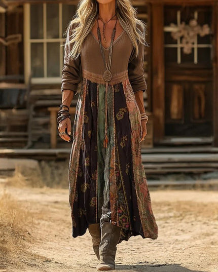 Women's boho patchwork floral maxi dress with v-neck and long sleeves in earth tones