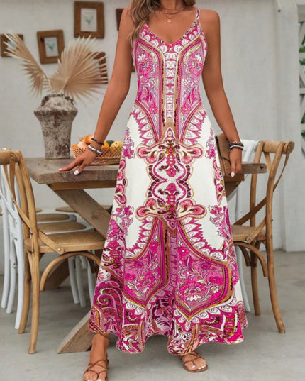 Pink and white paisley v-neck spaghetti strap maxi dress with decorative damask pattern
