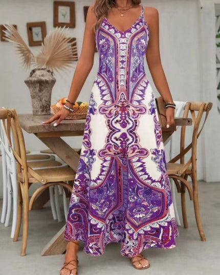 Purple and white paisley v-neck spaghetti strap maxi dress with intricate ornamental design