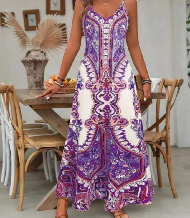 Purple and white paisley v-neck spaghetti strap maxi dress with intricate ornamental design