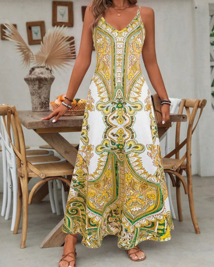 Yellow and green paisley v-neck spaghetti strap maxi dress with floral baroque print