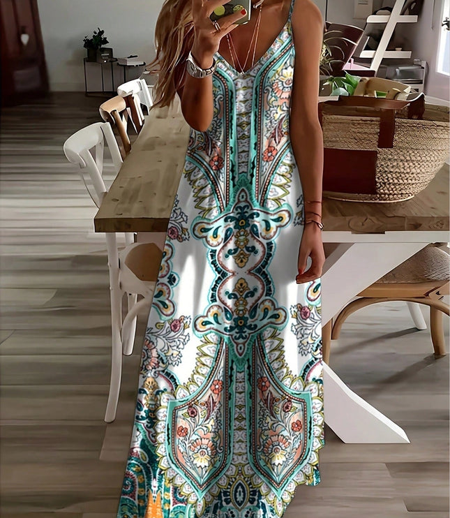 Teal and multicolor paisley v-neck spaghetti strap maxi dress back view with flowing silhouette
