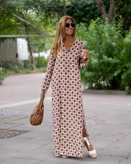 Brown and white boho printed V neck maxi dress with long sleeves and side slit