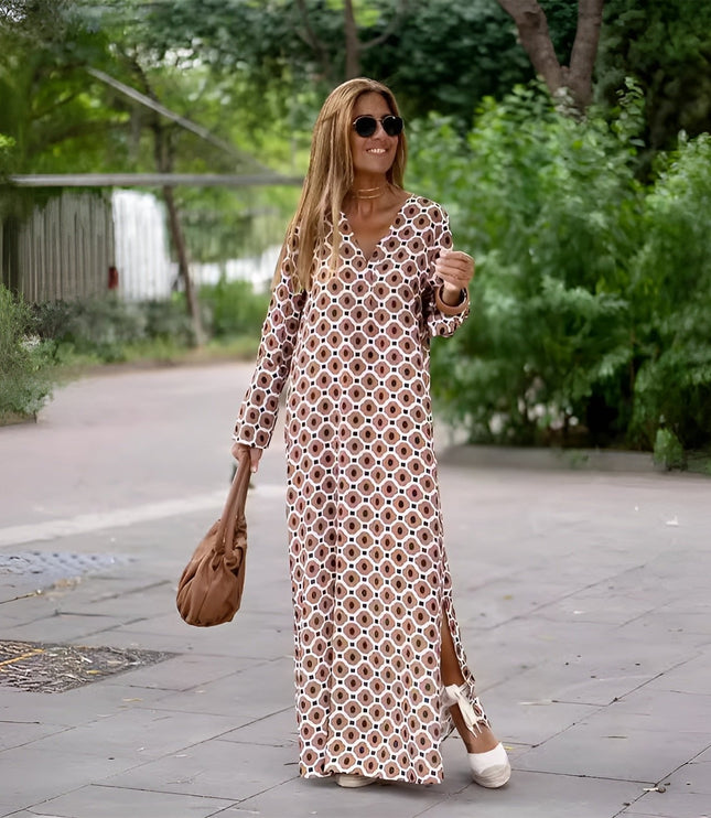 Brown and white boho printed V neck maxi dress with long sleeves and side slit
